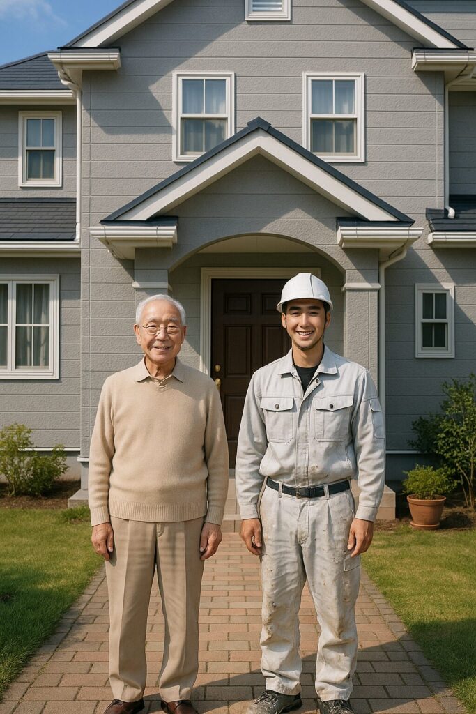 外壁塗装工事後、住宅前で記念撮影する施主と作業員の笑顔の一枚