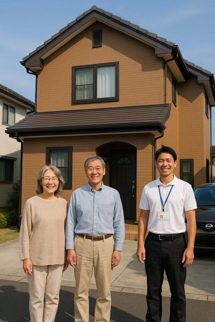 塗装工事後の住宅の前で笑顔で並ぶ施主夫婦と担当者の記念写真
