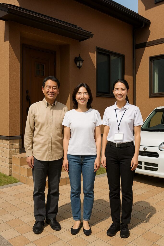 「塗装工事後にスタッフと並んで記念撮影をする夫婦。晴れた空の下、きれいに仕上がった外壁を背景に満足そうな表情。」