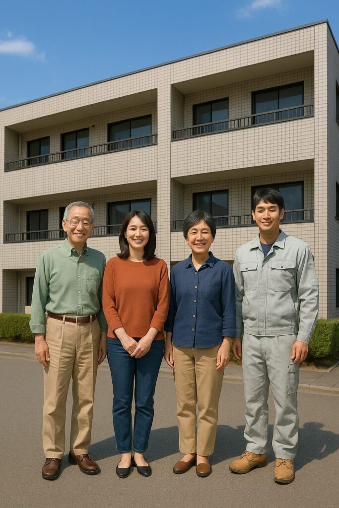 集合住宅の前で笑顔で並ぶ施主家族と作業員の記念写真