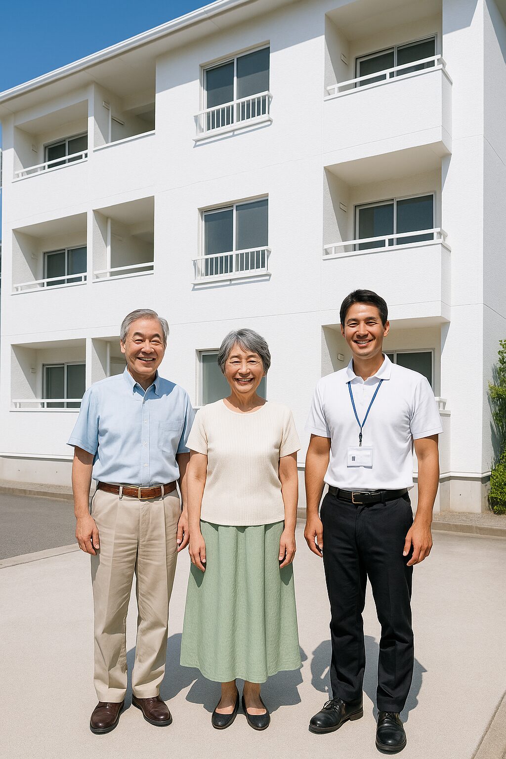 「塗装工事が完了した集合住宅の前で笑顔の施主夫婦と担当者が記念撮影」