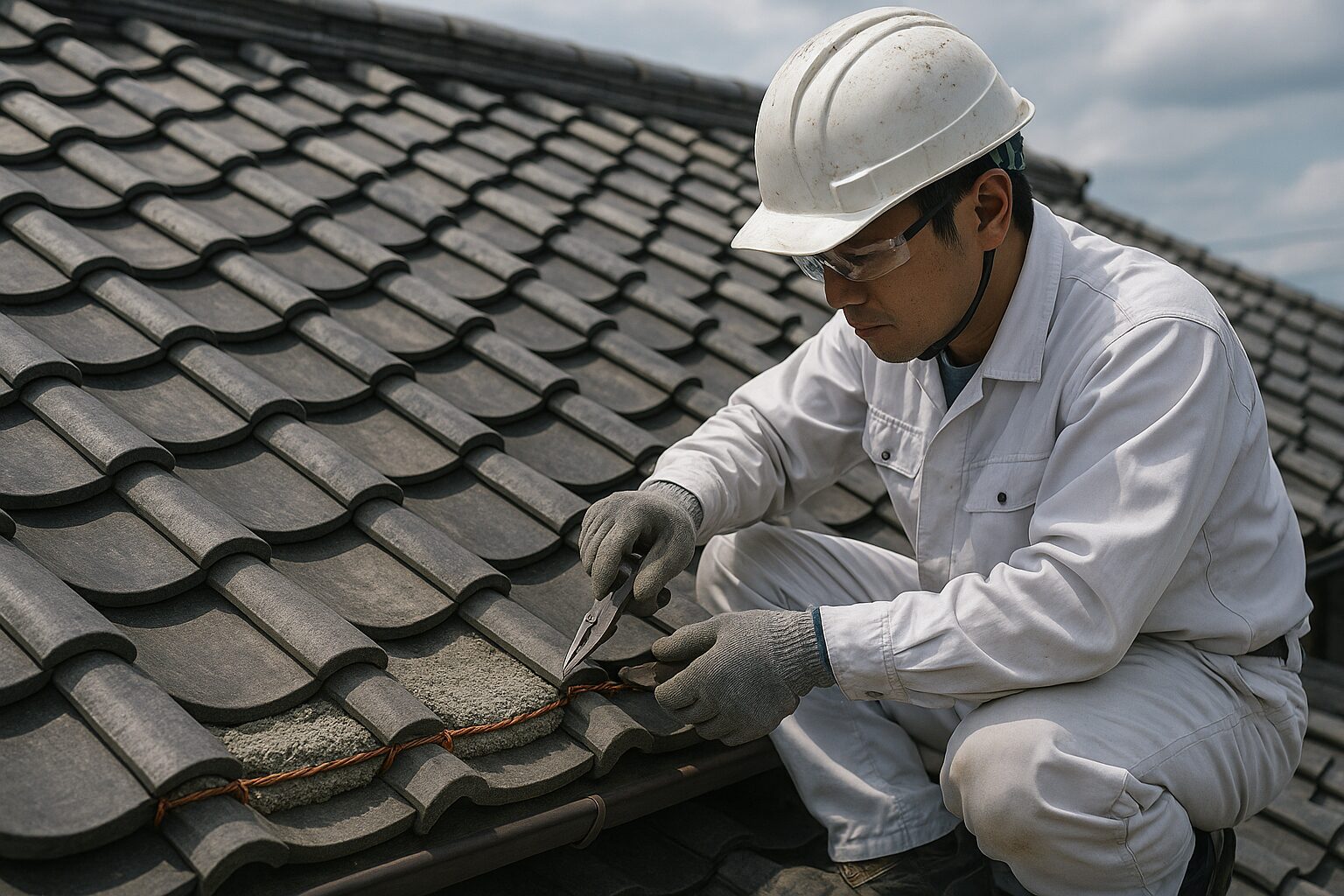 屋根の上で丁寧に作業する職人の様子。安全ヘルメットを着用し、瓦の点検または施工中。