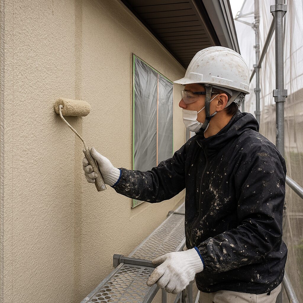 外壁を塗装している職人の作業風景