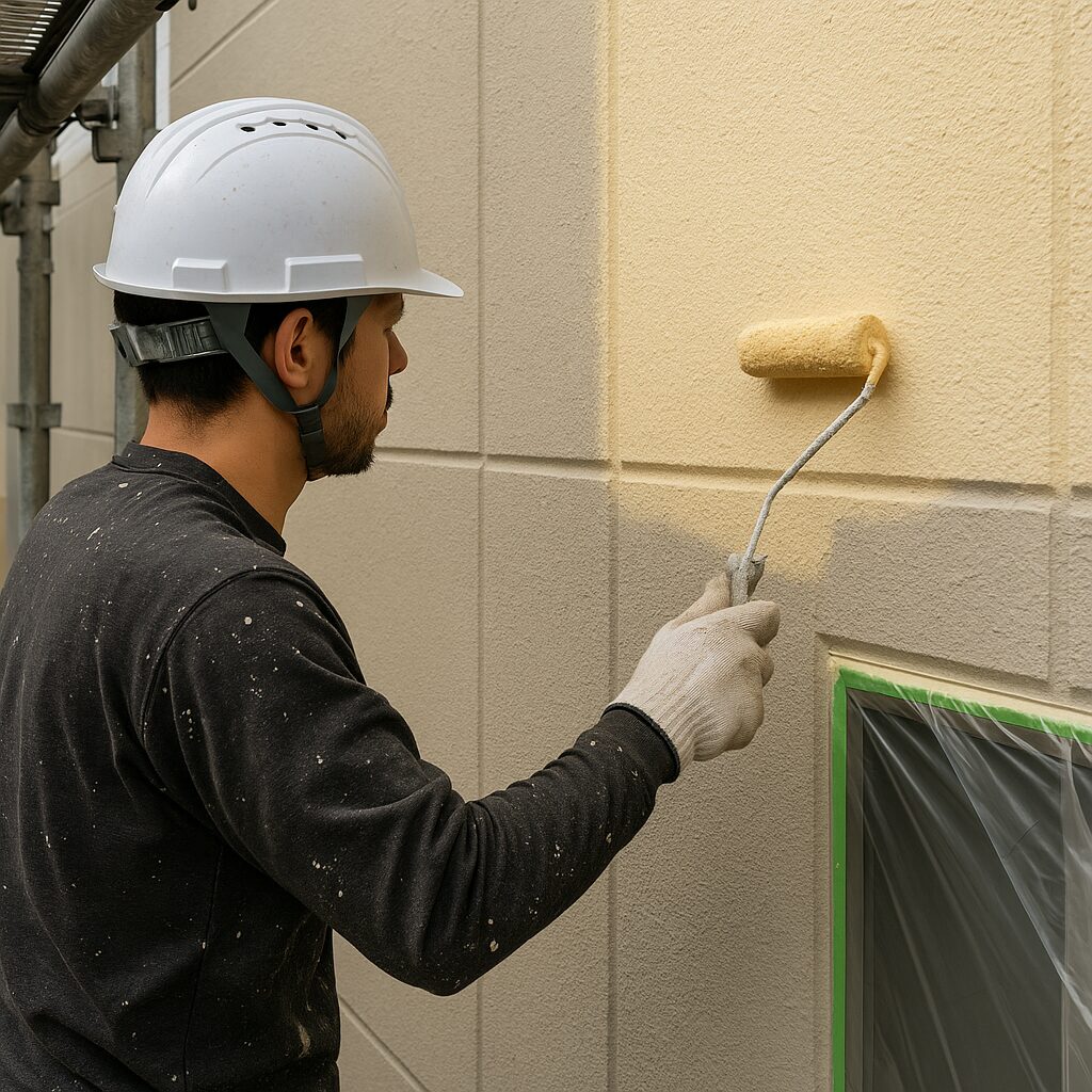 外壁を丁寧に塗装する作業員の様子