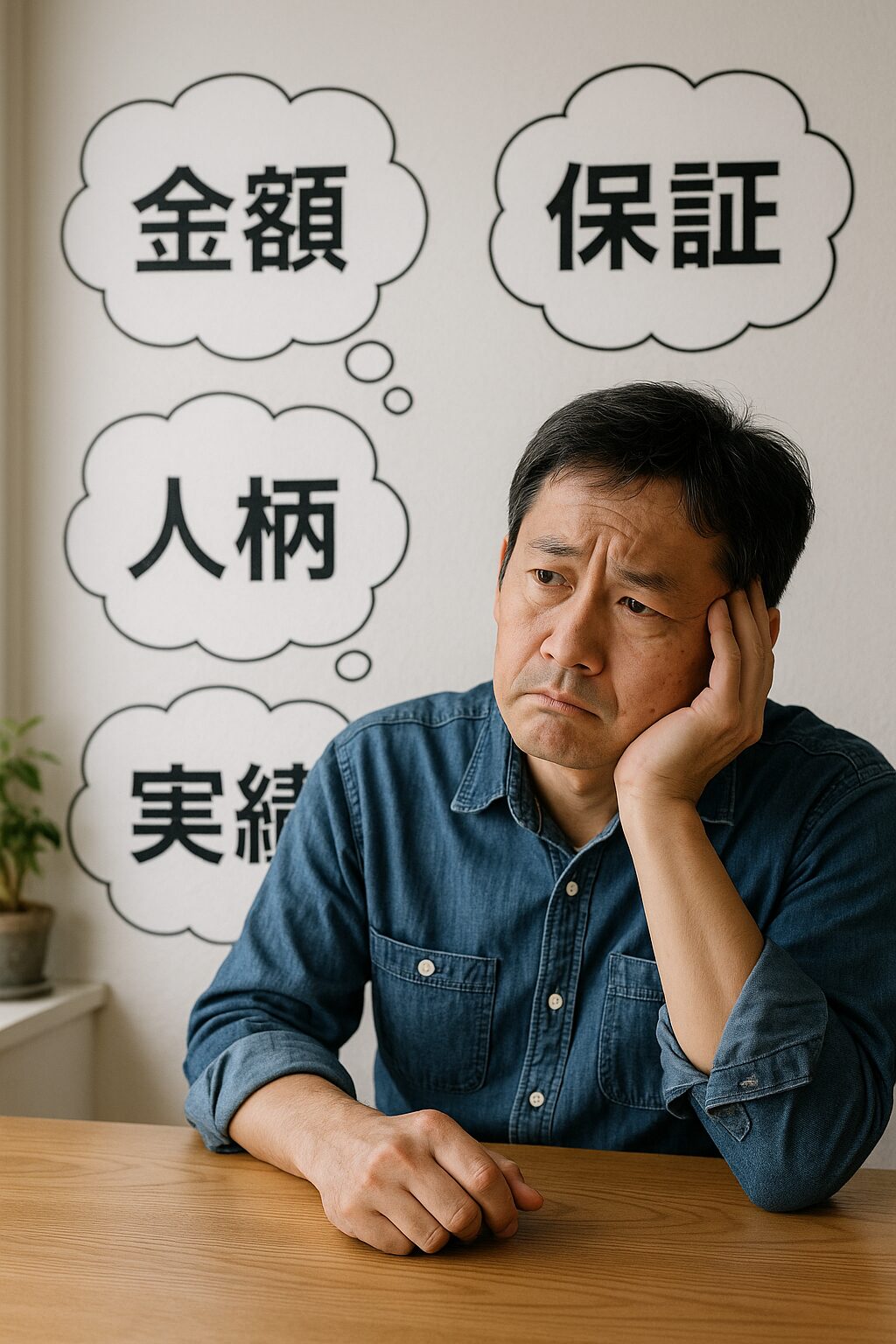 塗装業者選びに悩む施主の男性。金額・保証・人柄・実績について思案中。