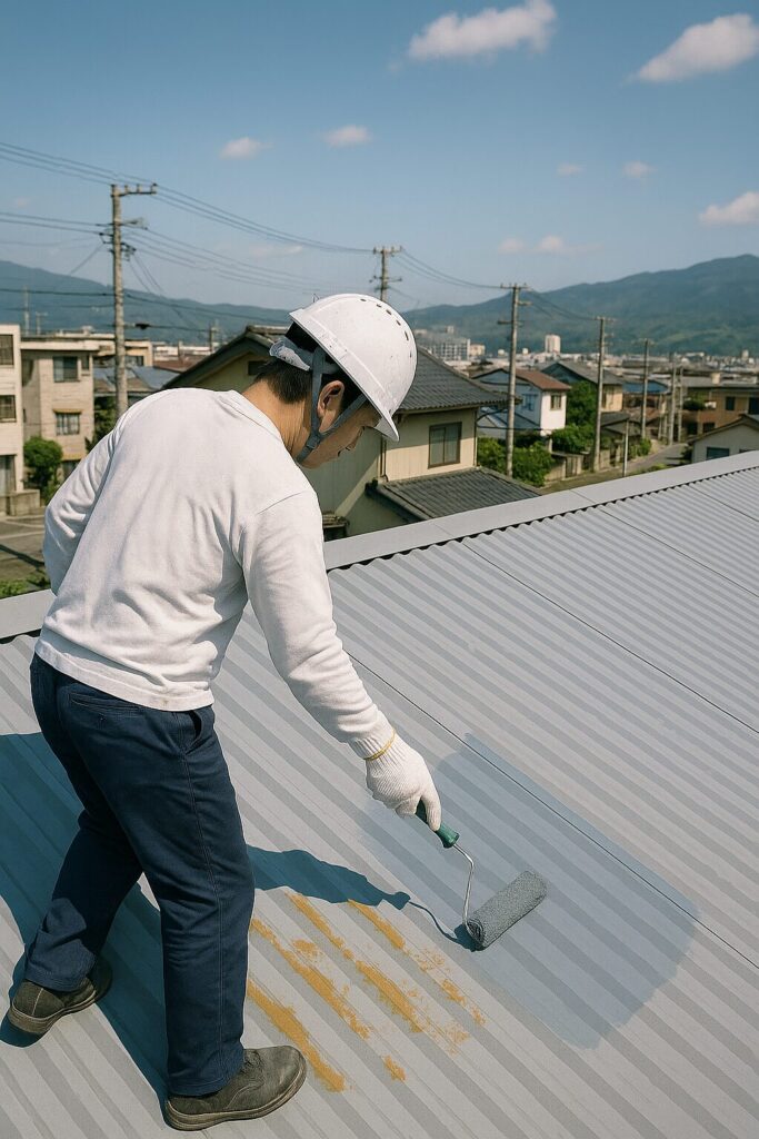 トタン屋根を塗装する作業員の様子（軽度のサビあり）