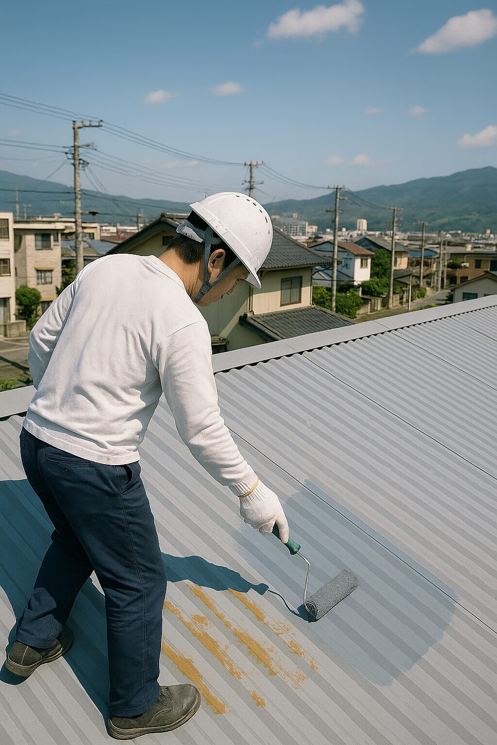 トタン屋根を塗装する作業員の様子（軽度のサビあり）