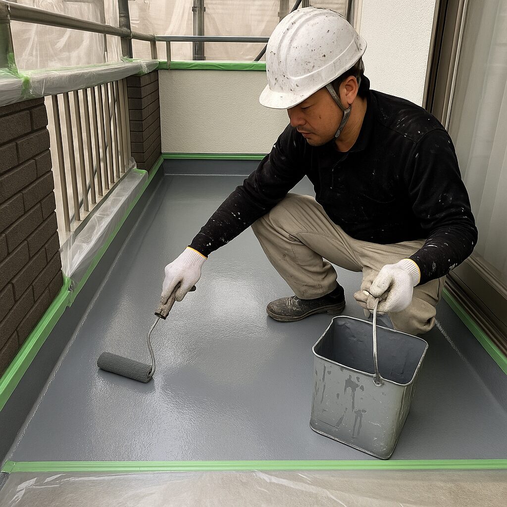 バルコニーでグレー塗料を使用して塗装作業を行う職人の様子