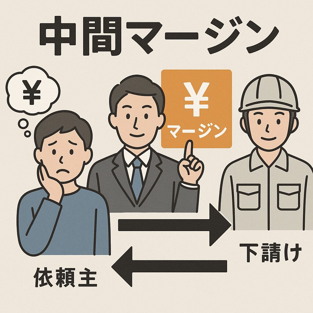 中間マージンの仕組みを説明するイラスト。依頼主・中間業者・下請け業者が描かれ、マージンの流れがわかりやすく示されている。