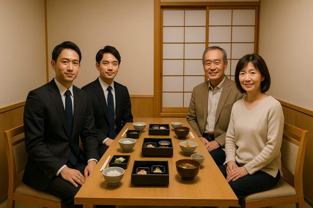 割烹料理を囲んで記念撮影する4人の日本人グループ。落ち着いた和室での食事会の様子。