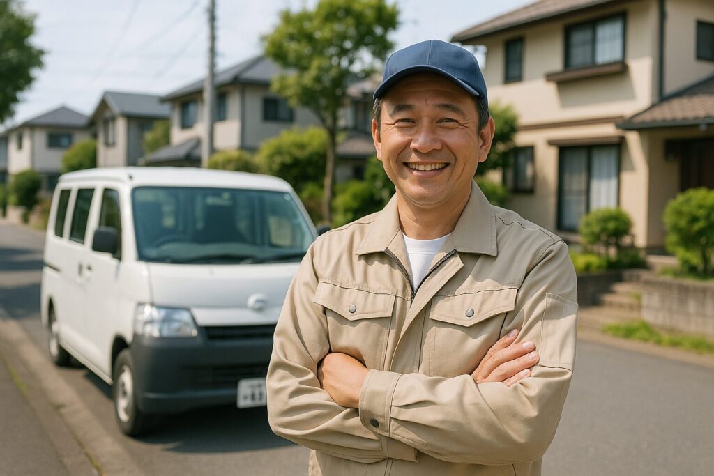 地域密着型の塗装業者が笑顔で立つ写真。住宅街の前で、信頼感のある雰囲気を伝える。