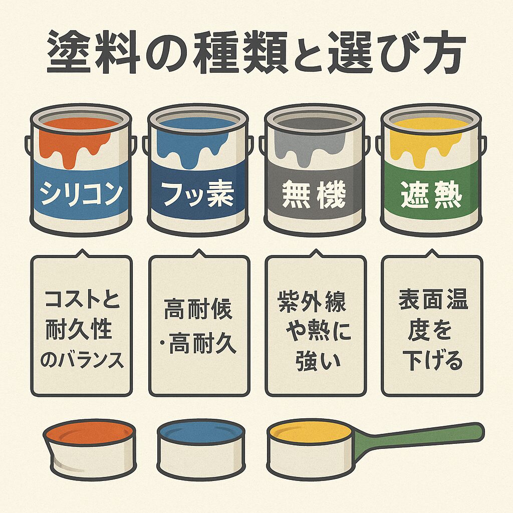 シリコン、フッ素、無機、遮熱などの塗料の種類と特徴を比較したイラスト