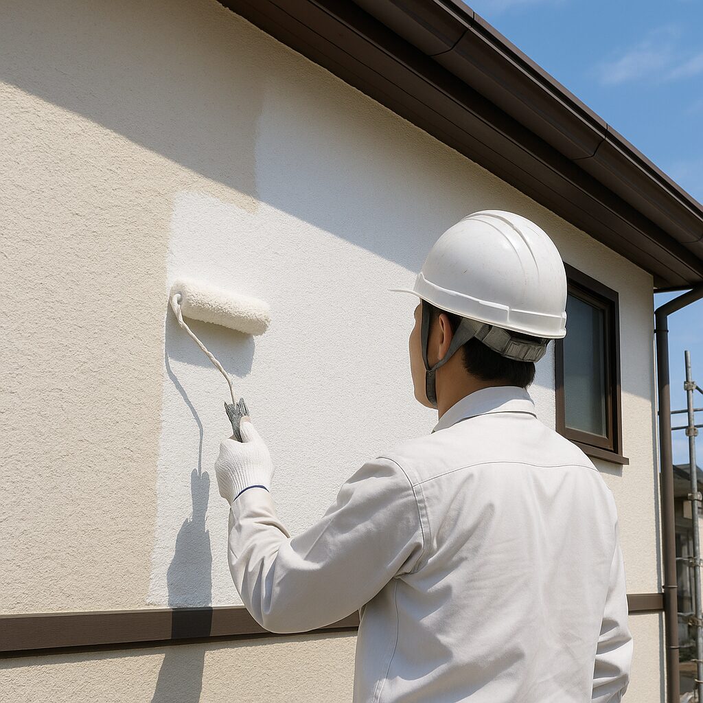 外壁をローラーで塗装している作業員の後ろ姿。塗装前後の色の違いがはっきりとわかる一枚。