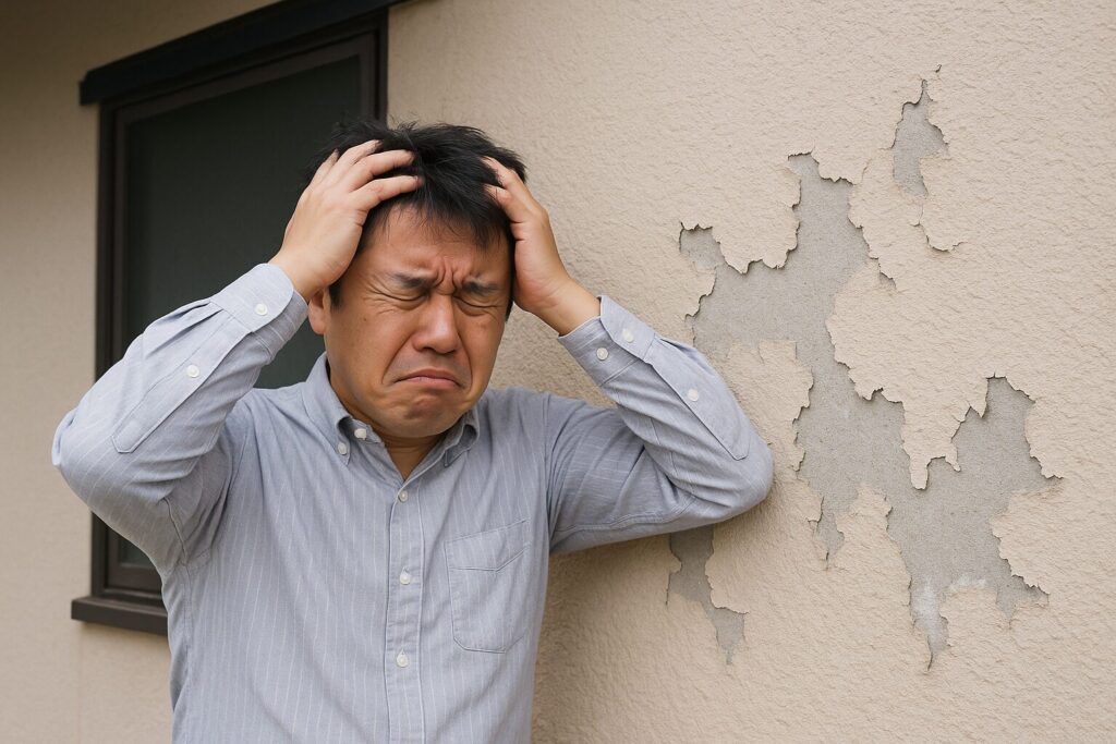 高圧洗浄をせず塗装に失敗し、頭を抱えて後悔する中年男性