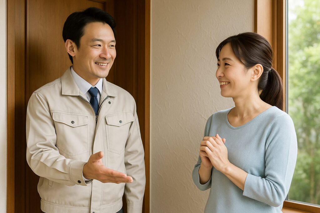 外壁塗装の相談中の施主様と職人の自然な笑顔の様子