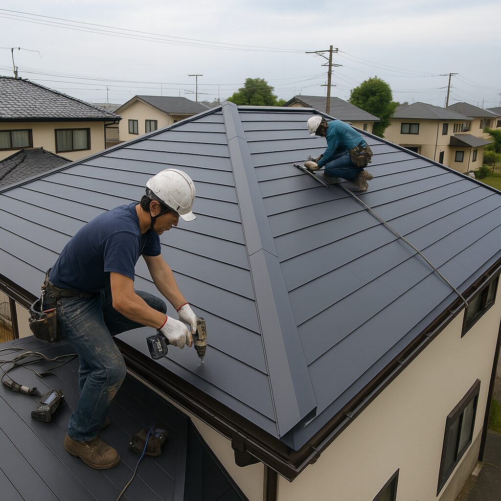 屋根リフォーム中の作業風景。作業員がガルバリウム鋼板の屋根材を施工している様子。