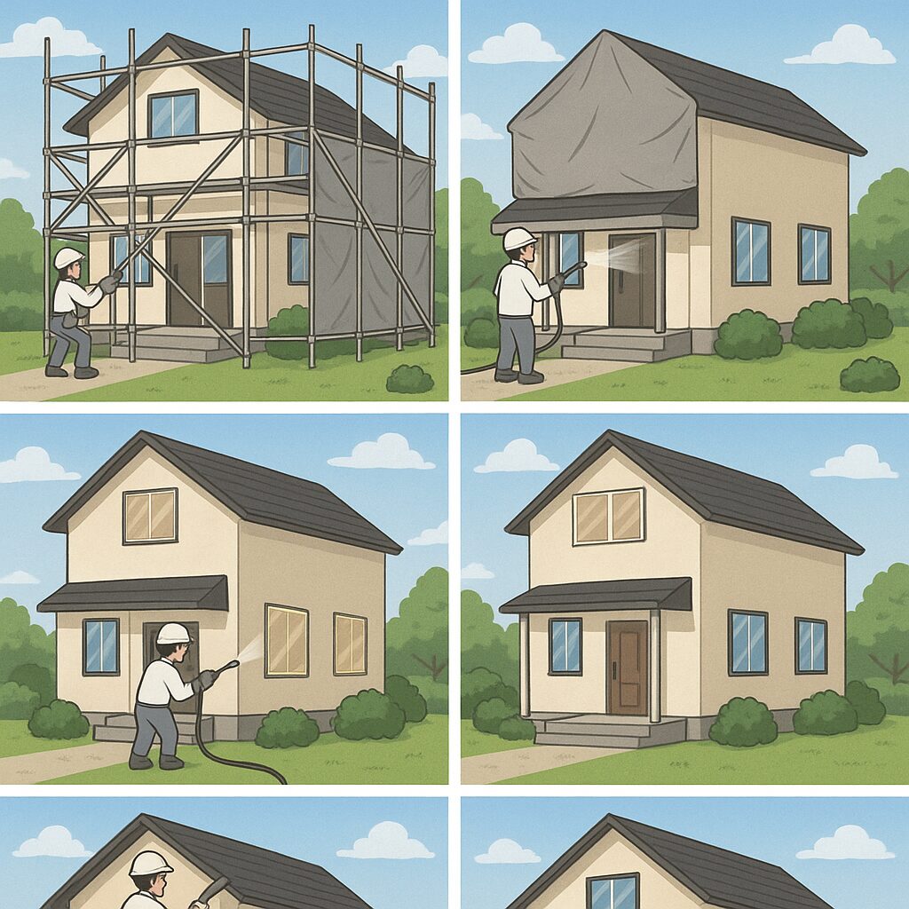 外壁塗装工事の全体スケジュールを描いた6コマのイラスト。足場設置から完成までの工程が一目でわかる構成。