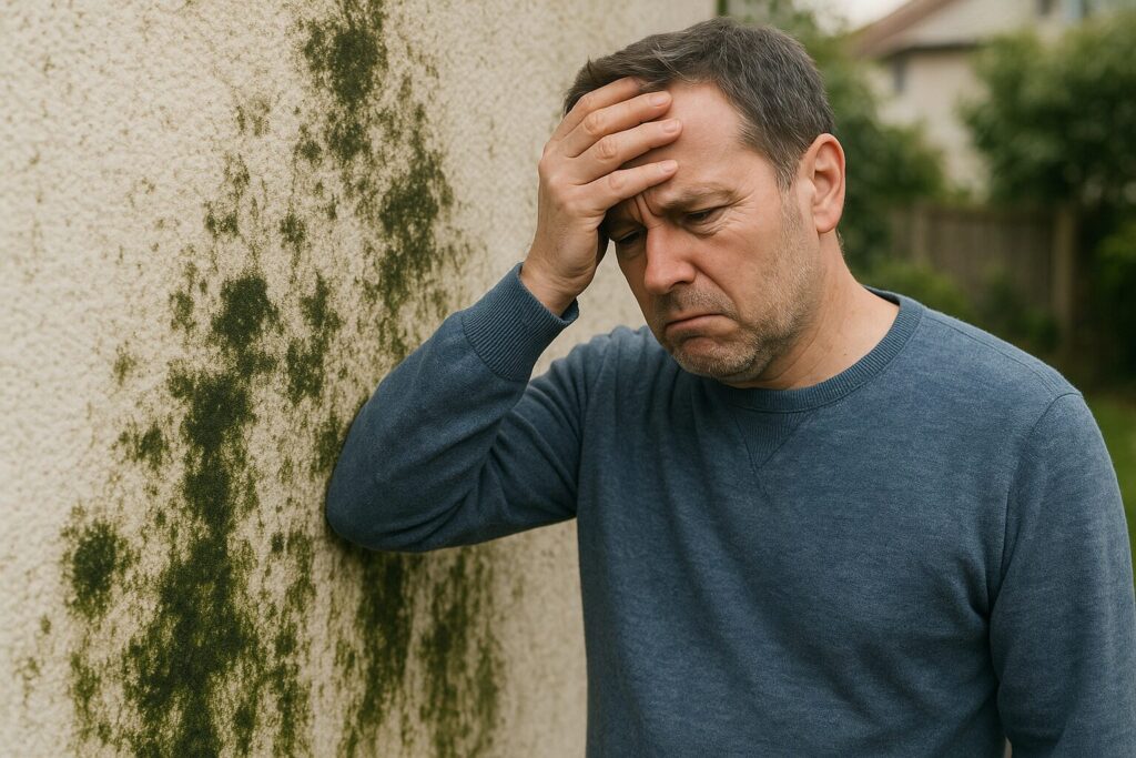 外壁のカビや苔を見て悩む中年男性。壁の劣化に落胆した様子