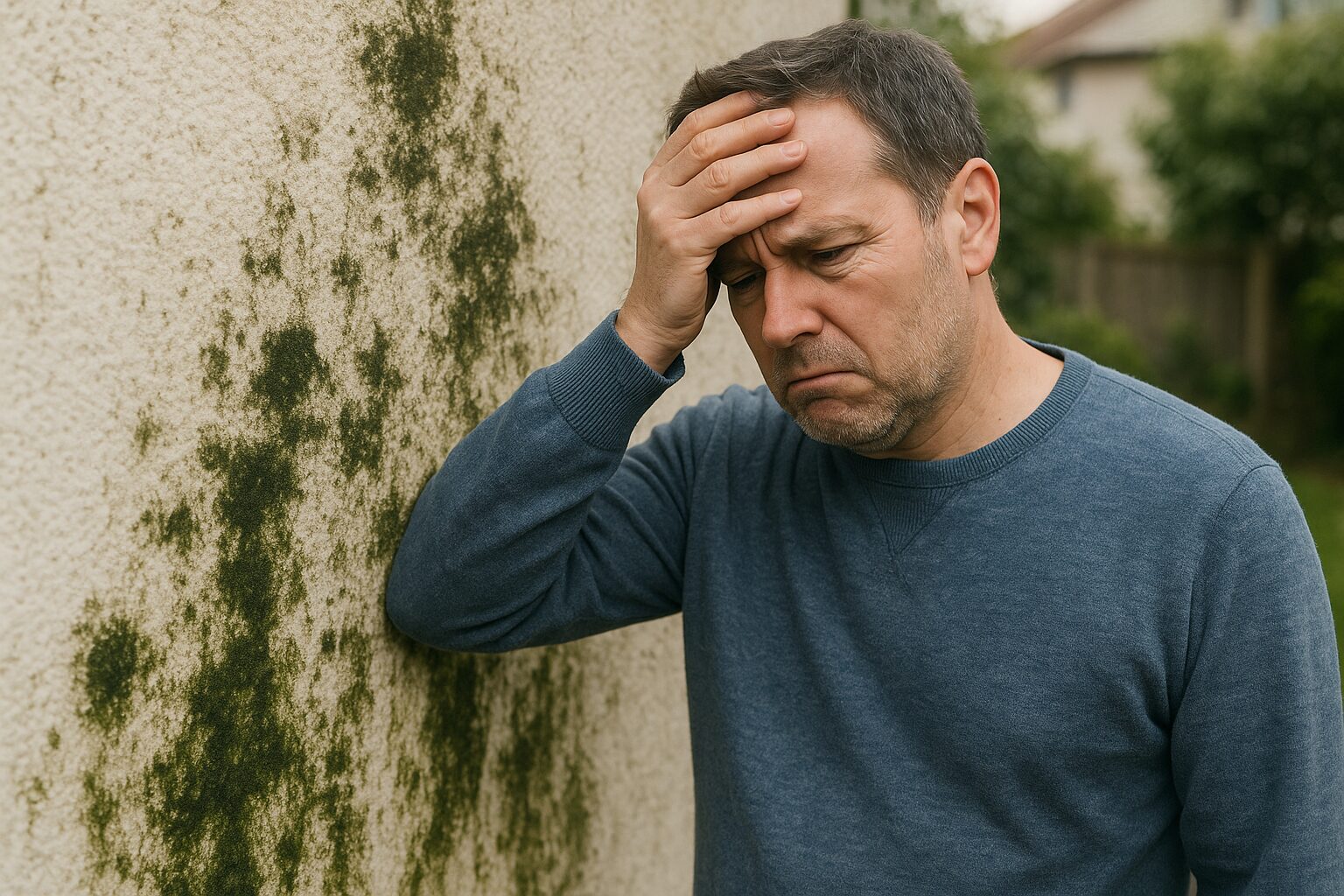 外壁のカビや苔を見て悩む中年男性。壁の劣化に落胆した様子