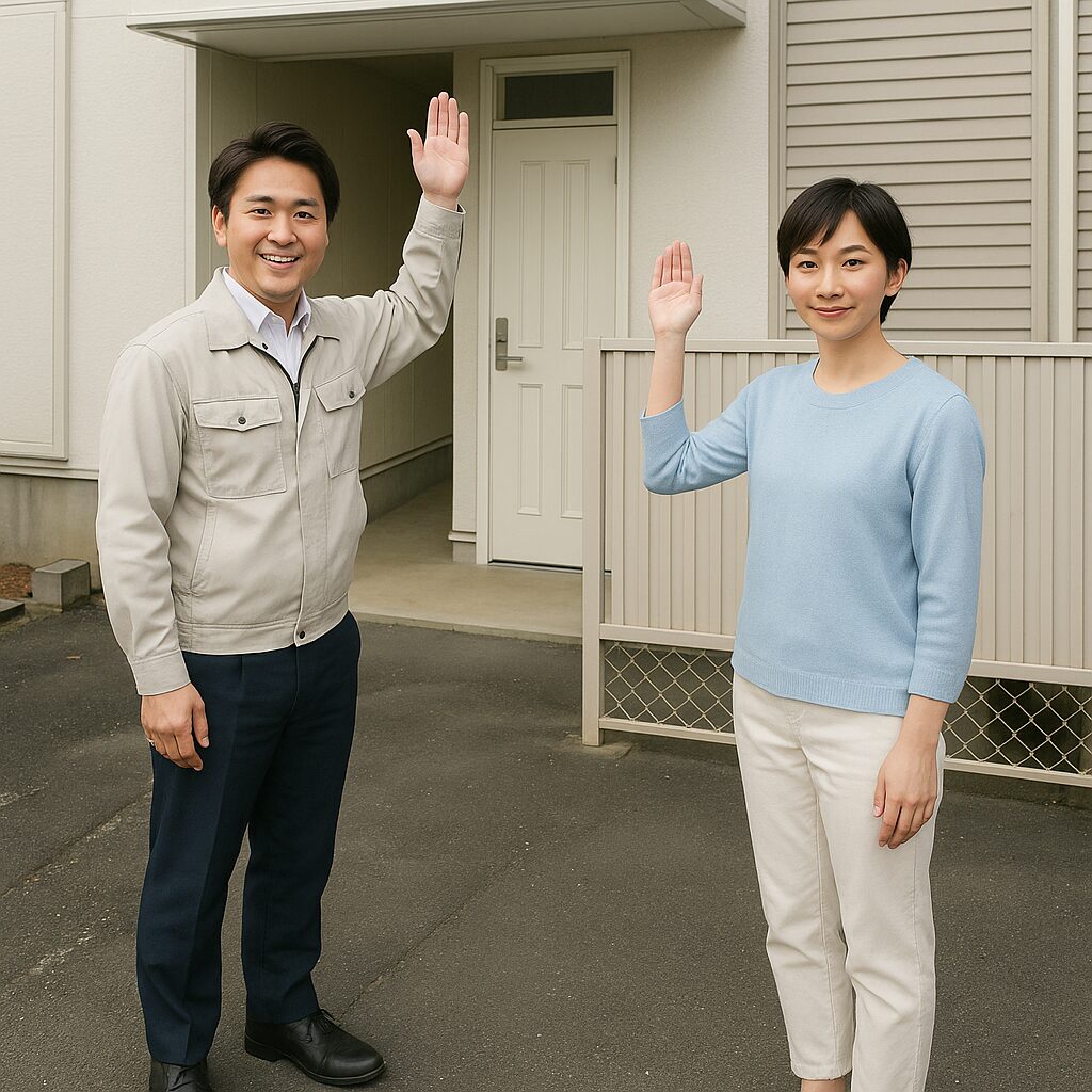 外壁塗装後のアパート前でお客様と撮影した写真