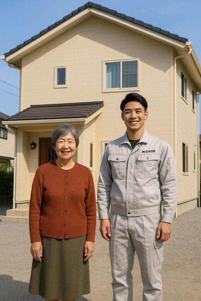 外壁塗装を終えた住宅の前で笑顔を見せる施主ご婦人と作業員の記念写真