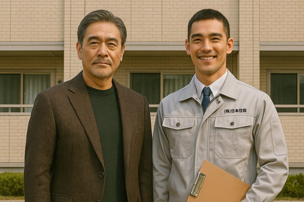 塗装工事を終えた住宅の前で、貫禄ある50代の施主と職人が並ぶ記念写真