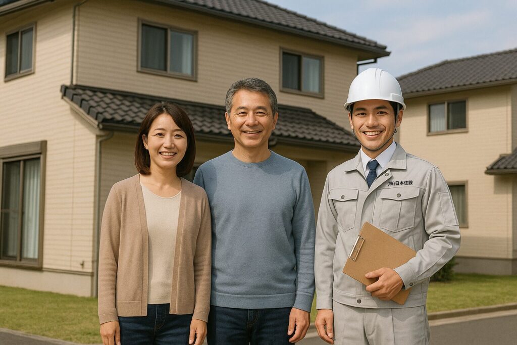 自宅前で記念撮影する施主夫婦と作業員。工事完了後の笑顔の一枚
