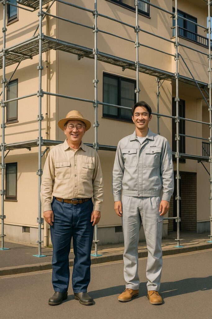 外壁塗装が完了した住宅の前で笑顔で並ぶ施主と作業員の記念写真