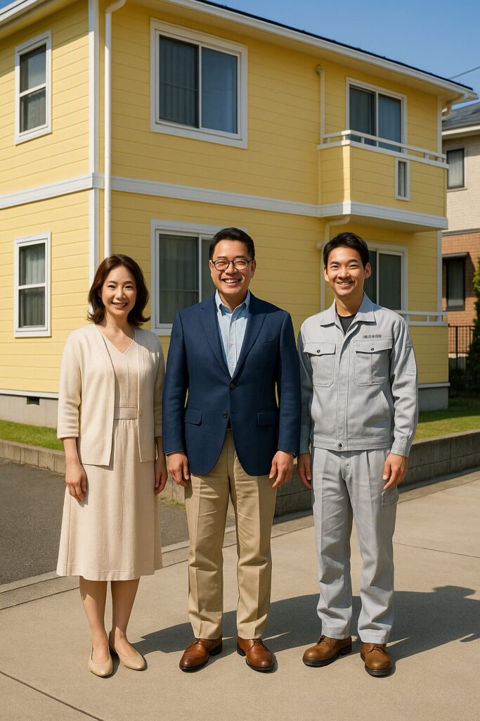 塗装後の住宅前で満足そうな施主夫婦と職人が並ぶ記念写真