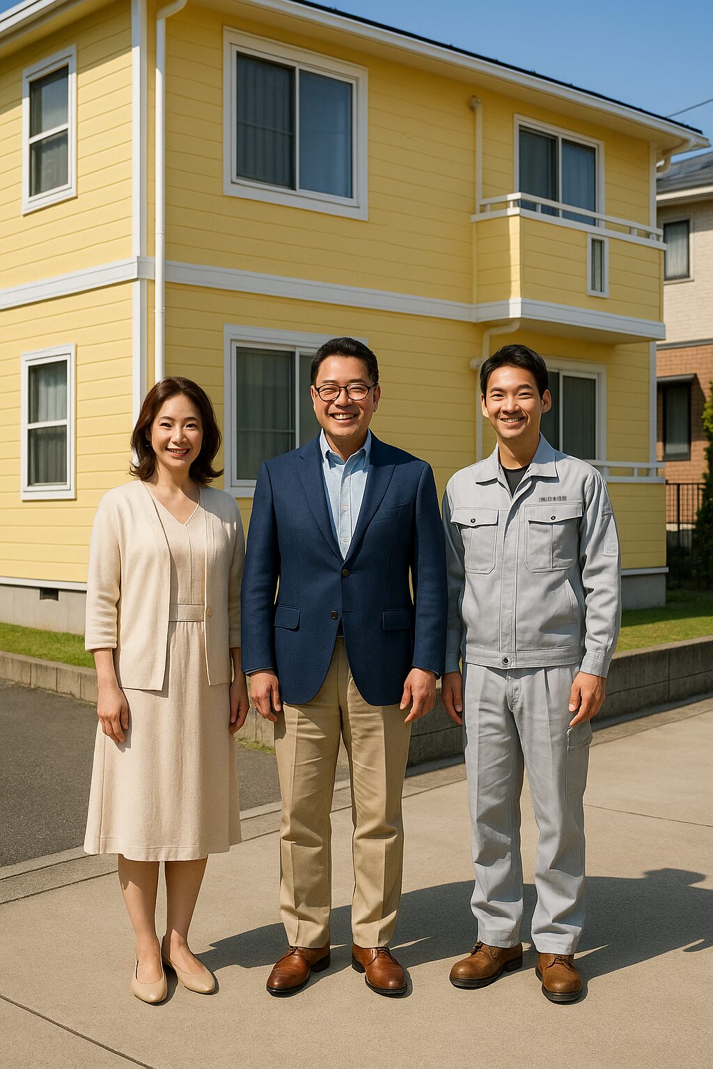 塗装後の住宅前で満足そうな施主夫婦と職人が並ぶ記念写真