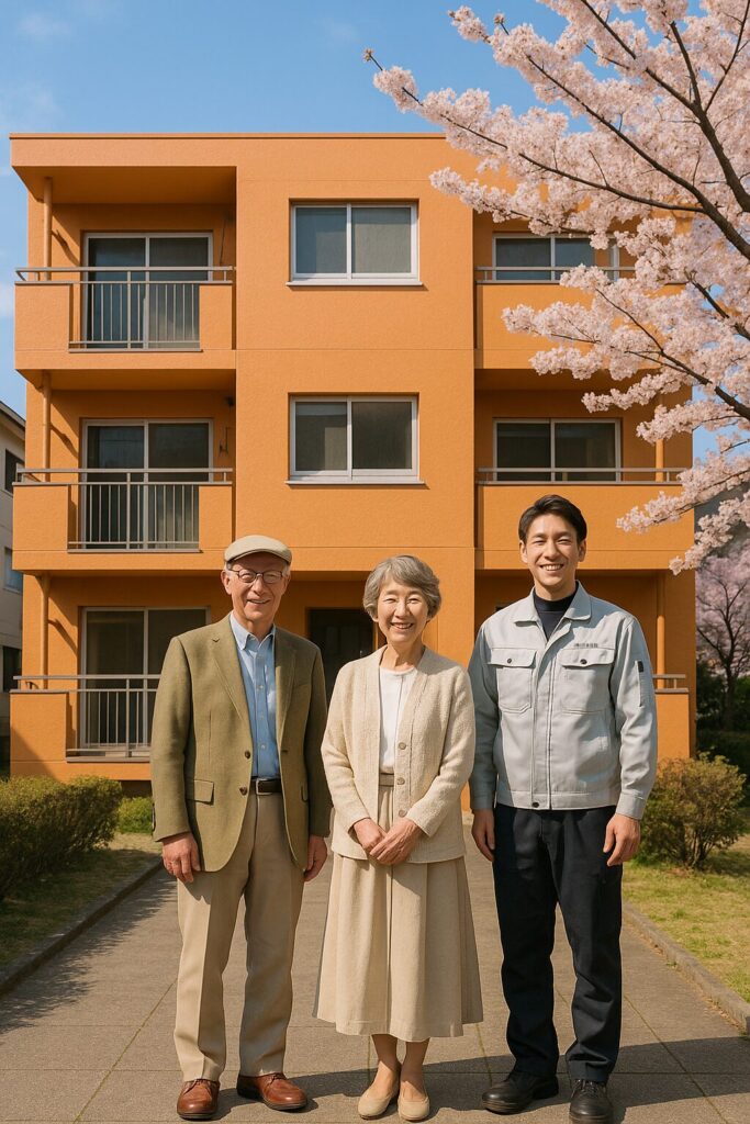 塗装工事を終えた集合住宅前で施主ご夫婦と職人が並んで記念撮影している様子