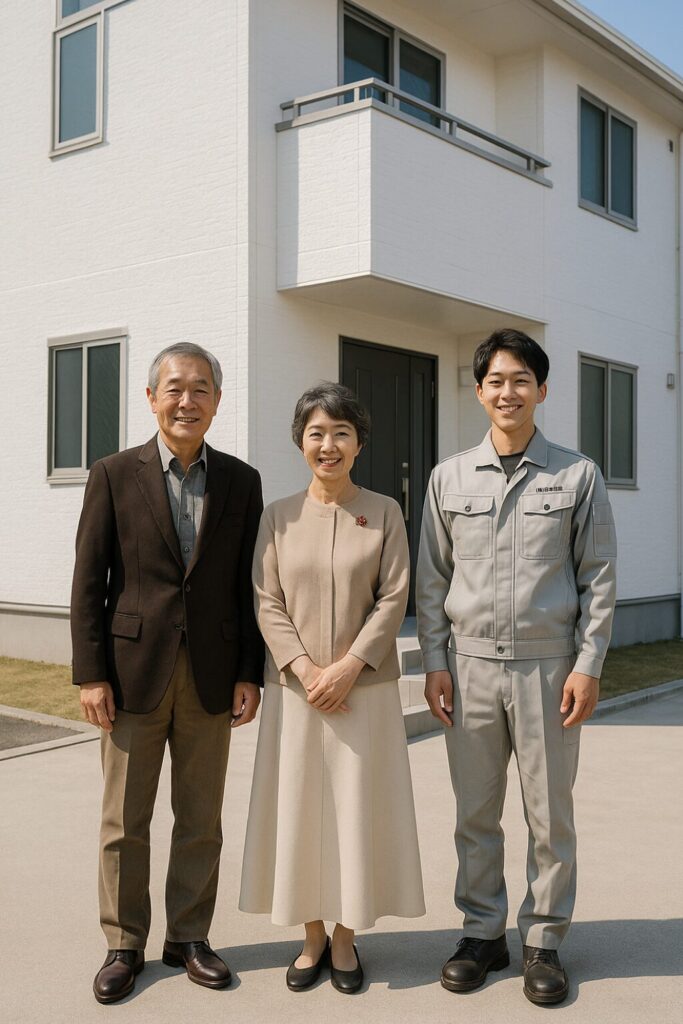 外壁塗装を終えた新築風の住宅の前で記念撮影する施主ご夫婦と作業員