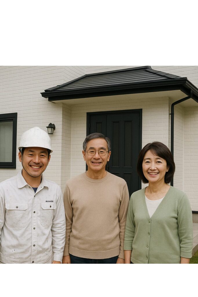 外壁塗装を終えた住宅の前で記念撮影する施主ご夫婦と作業員の笑顔の一枚