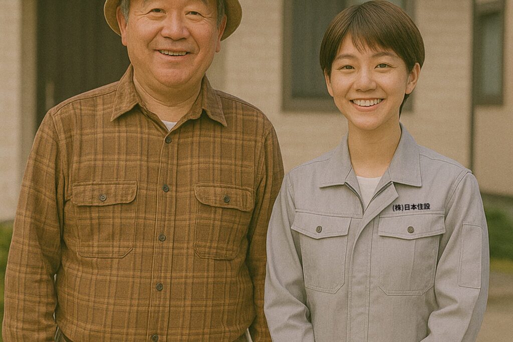 自宅前で笑顔を見せる施主男性と女性作業員の記念撮影。工事完了後の一枚