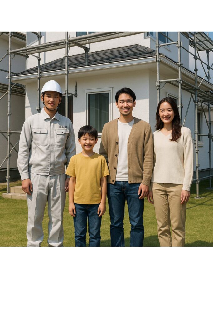 戸建て住宅の前で、施主様ご家族と作業員が並んで笑顔で記念撮影している様子