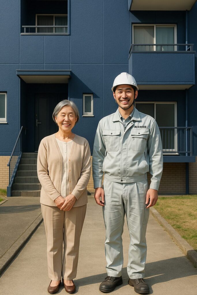 新しく塗装された家の前で笑顔を見せる施主様と作業員。信頼関係が伝わる記念写真。