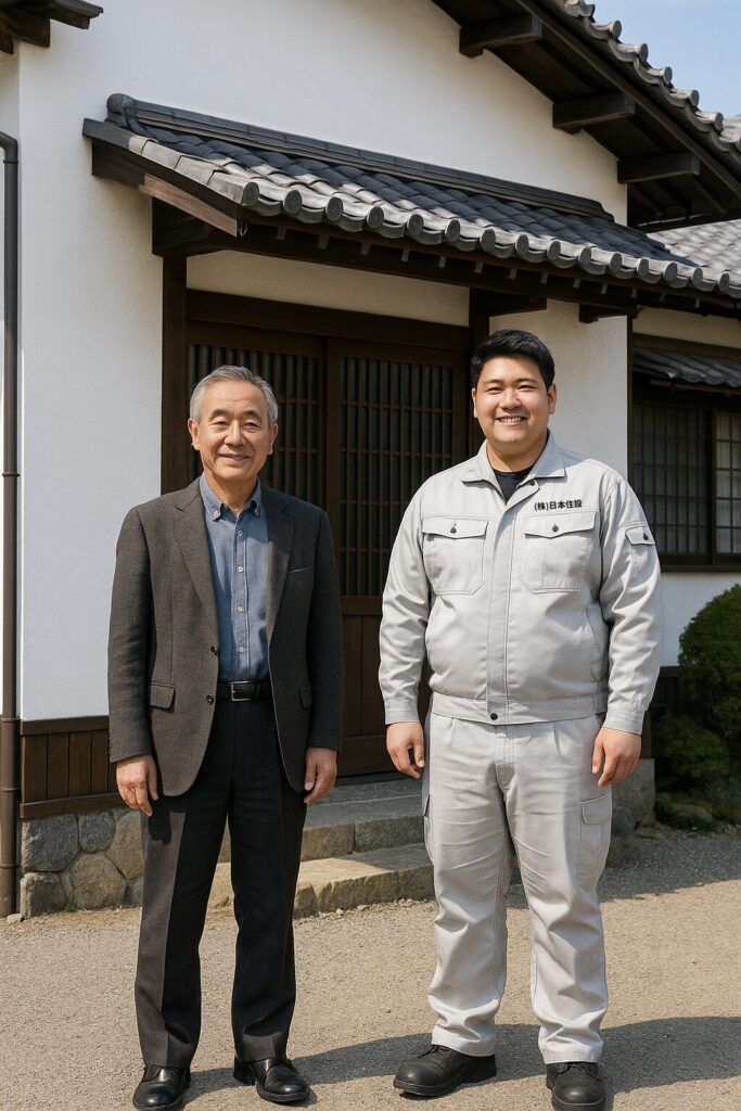 「外壁塗装を終えた戸建て住宅の前で、施主様と作業員が並んで記念撮影している様子」
