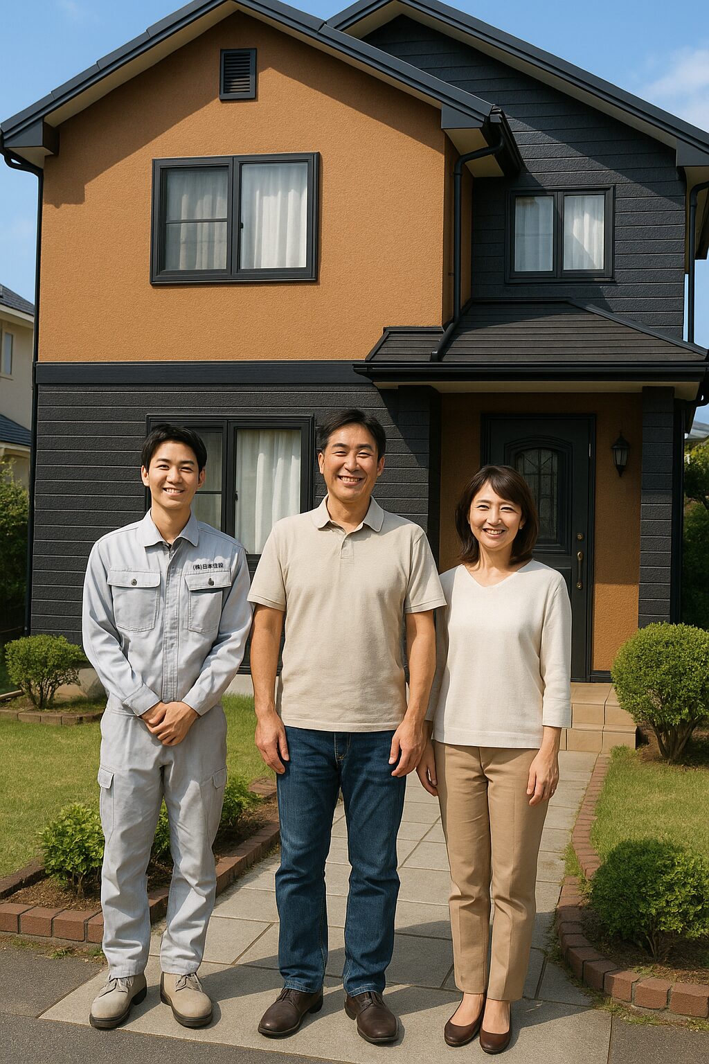 　「新築のように生まれ変わった外壁の前で笑顔の施主夫婦と職人が記念撮影」