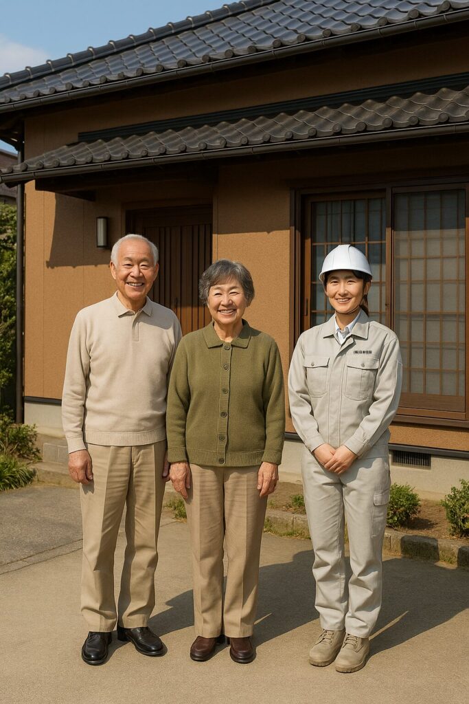 塗装工事を終えた和風住宅の前で記念撮影するご夫婦と女性作業員