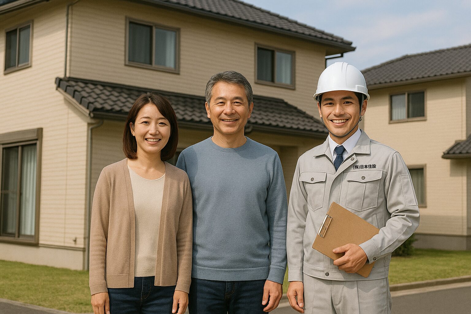 自宅前で記念撮影する施主夫婦と作業員。工事完了後の笑顔の一枚