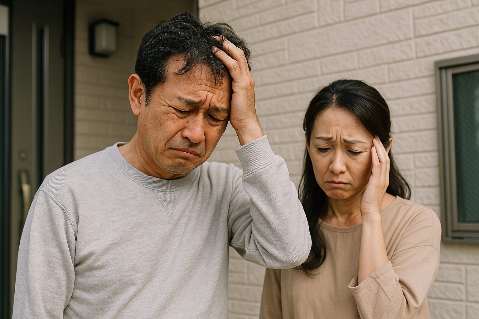 知り合いの業者に頼んで失敗し、困り果てる中年夫婦の様子
