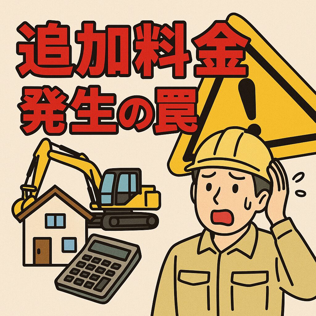 追加料金発生のトラブルをイメージした注意喚起イラスト。困惑する作業員と家・電卓・重機が描かれている。
