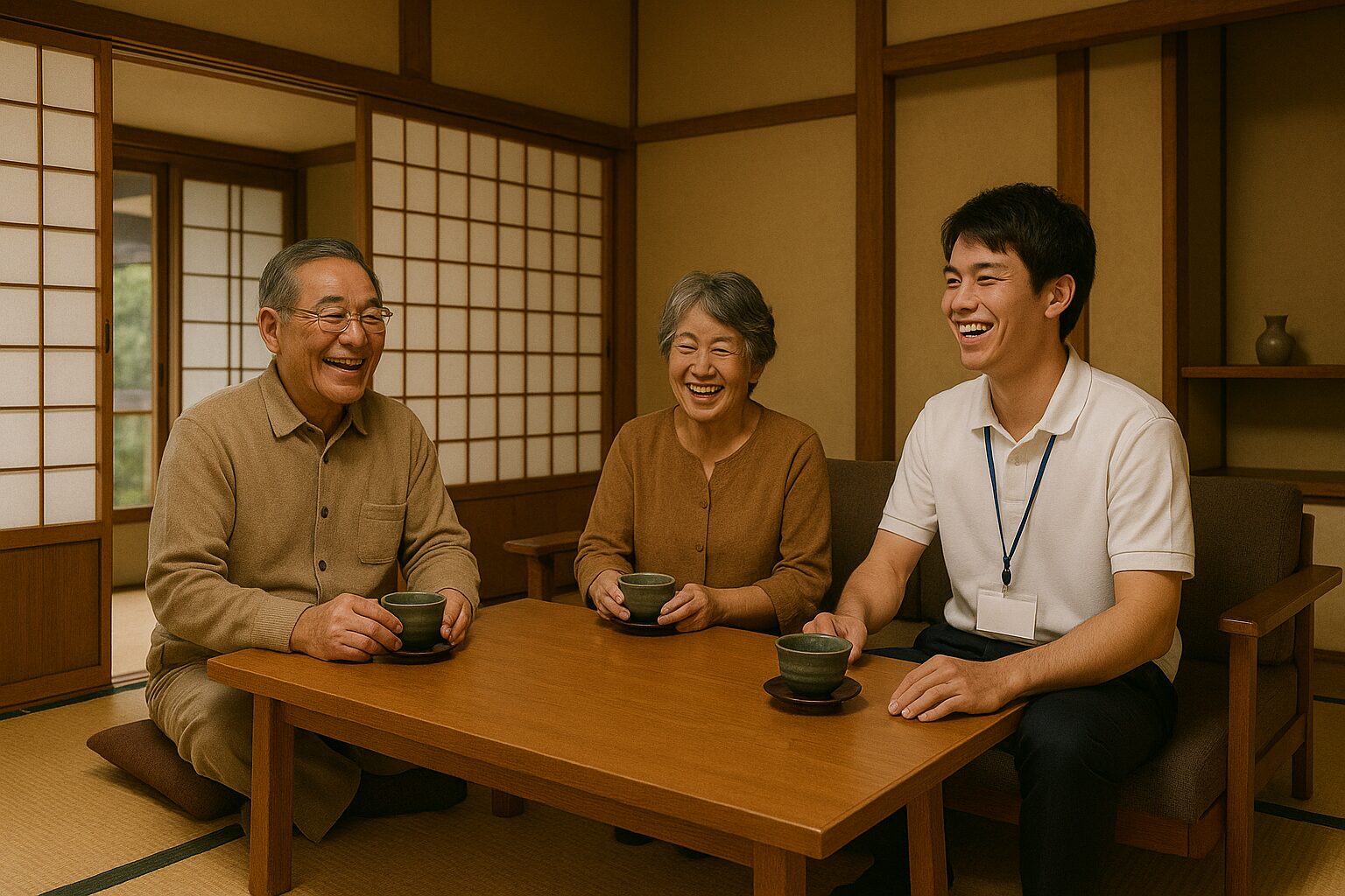 70代の夫婦と20代の男性が和室で談笑している様子。家庭的で温かい雰囲気。