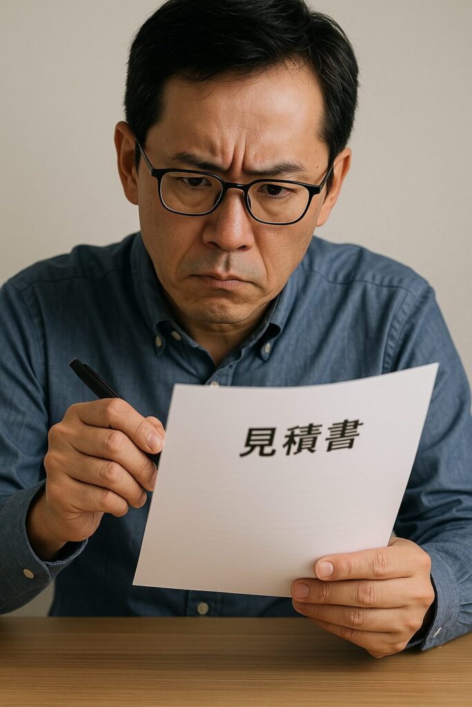 見積書を真剣に確認する男性の様子。外壁塗装やリフォームなどの見積もり内容を精査しているイメージ。