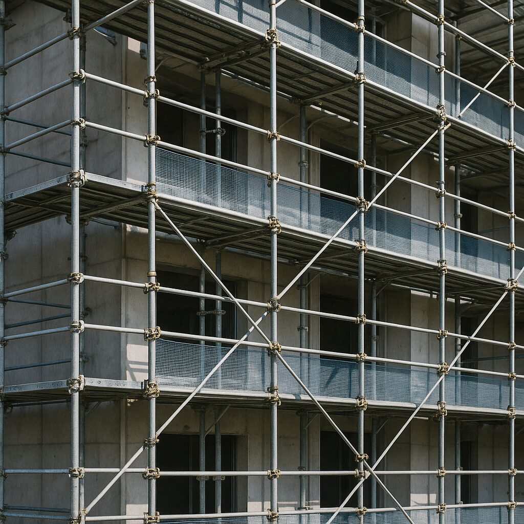建築現場の足場の写真。外壁塗装や改修工事に使用される金属製足場が組まれた様子。