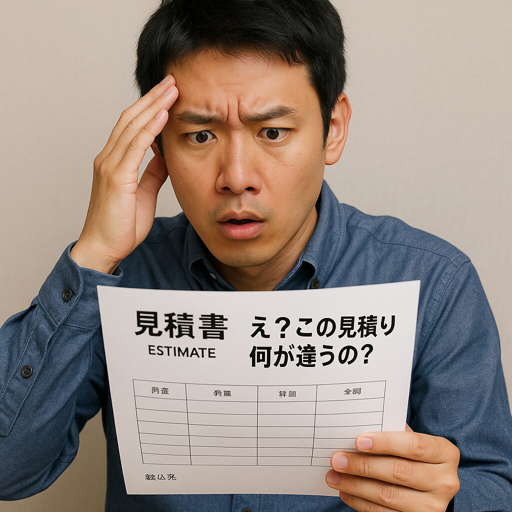 見積書を見て困惑する男性｜見積もり内容の違いに疑問を持つ様子