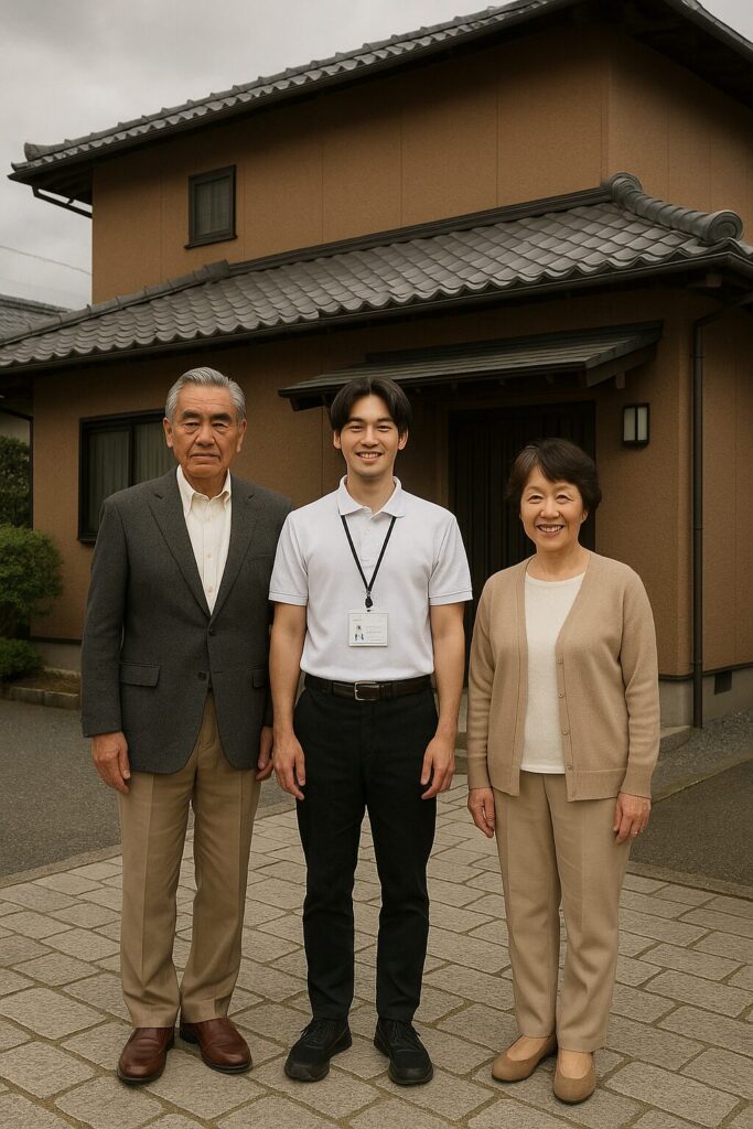 外壁塗装後の住宅を背景に、施主夫婦と職人が笑顔で並ぶ記念写真