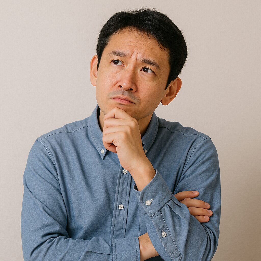 外壁塗装業者選びに悩む男性の写真。見積りや業者の違いに迷う表情をしている日本人男性。