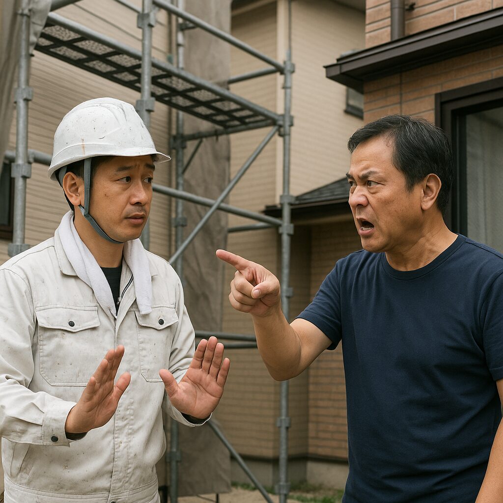 外壁塗装中に近隣トラブルが発生している様子（施工業者と住民の口論）