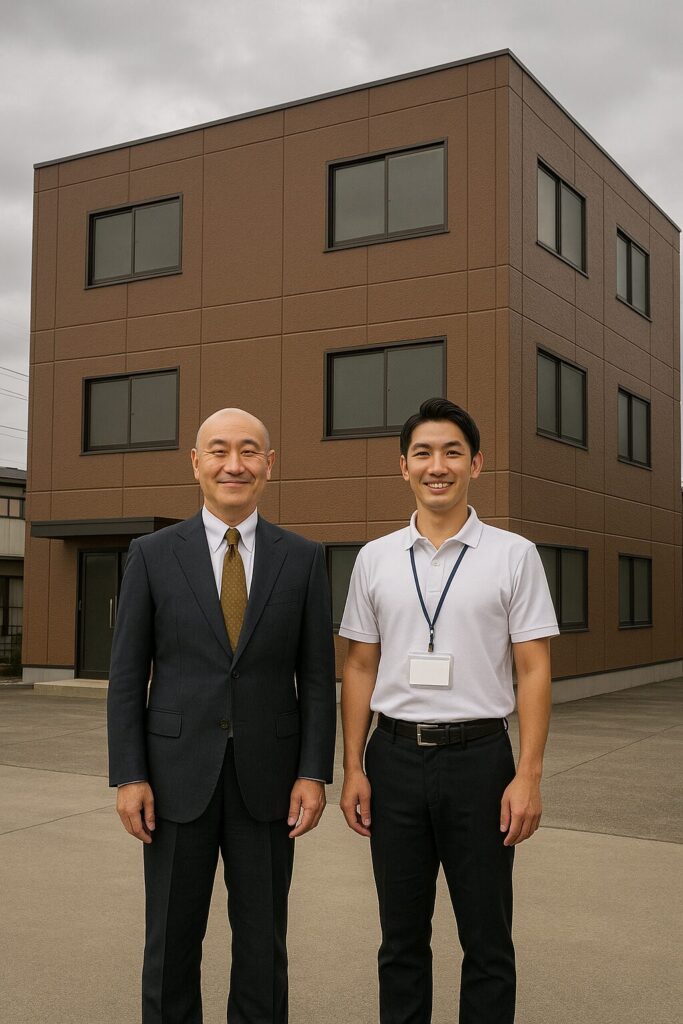 塗装後の会社前で記念撮影するスーツ姿の施主と白ポロシャツの作業員。どんよりとした曇り空と茶系の外壁が印象的。